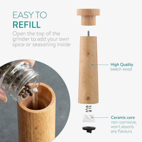 Navaris Salt and Pepper Mill Set - Adjustable Rubber Wood Salt and Pepper Grinders Shakers with Ceramic Grinding Core for Home, Restaurants - Desi...