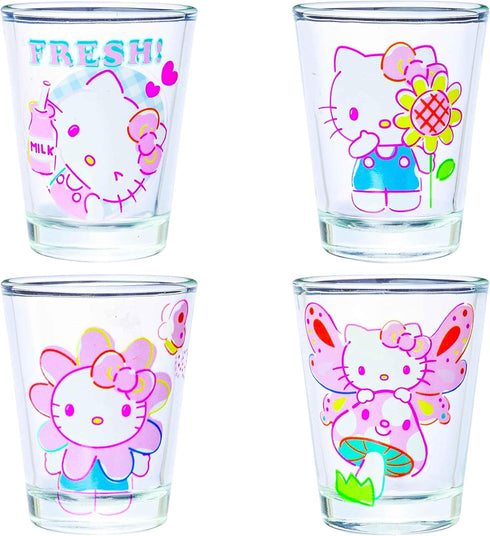 Silver Buffalo Sanrio Hello Kitty Spring Garden Flowers 4 Pack Mini Glass Set, 1.5 Ounces...