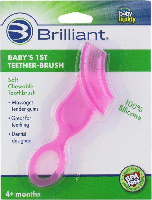 Brilliant Oral Care Baby’s First Toothbrush, Smooth Silicone Bristles Gently Clean Tender Teeth and Gums, for Ages 4+ Months, Pink, 1 Pack...
