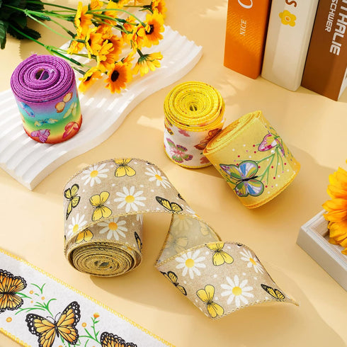 Whaline 6 Roll Butterfly Wired Edge Ribbon 36 Yards Colorful Butterfly Daisy Flower Plaids Craft Ribbon Spring Summer Farmhouse Fabric Ribbon for ...