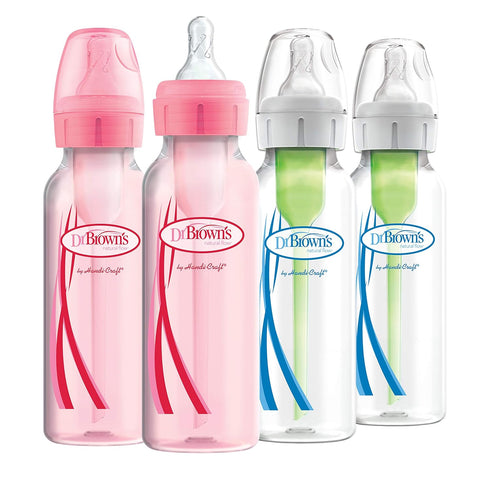 Dr. Brown’s Natural Flow® Anti-Colic Options+™ Narrow Baby Bottles, 8 oz/250ml, with Level 1 Slow Flow Nipple, 4 Pack, Pink/Clear...