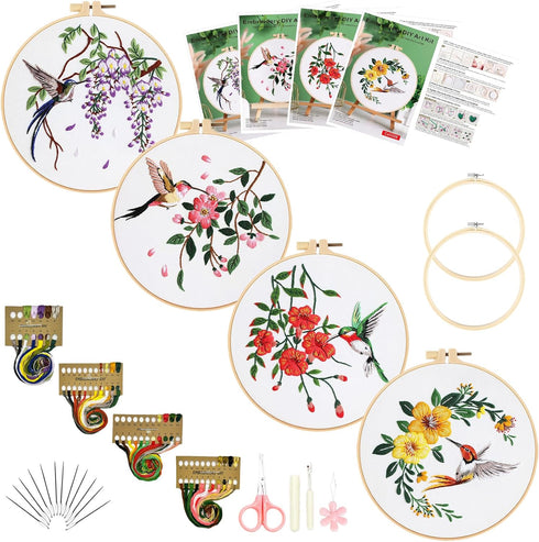 Embroidery Kit for Beginners with Hummingbird Pattern and Instructions,4 Pack Cross Stitch Kits,2 Wooden Embroidery Hoops,Threads and Needles,Need...