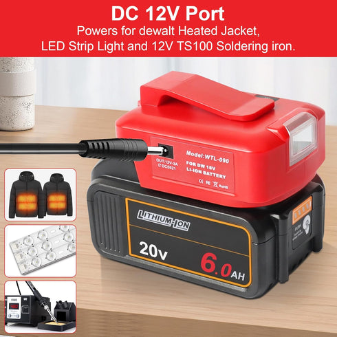 Multi-Functional Power Adapter Compatible with DEWALT and Milwaukee Batteries with Dual USB Ports and 12V DC Port Three-mode work light-Compatible...