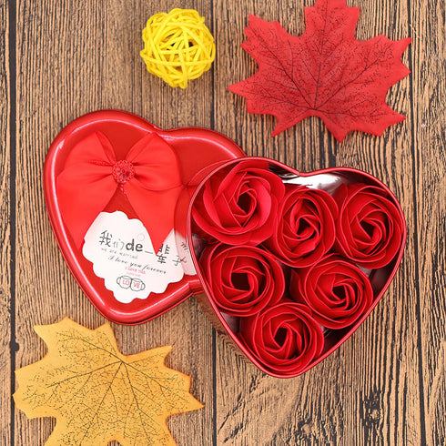 12Pcs Valentine's Day Red Floral Scented Bath Soap Rose Flower Petals for Red Heart-Shaped Box Artificial Rose Plant Essential Oil Rose Soap for W...