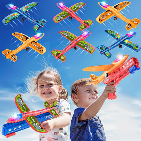 6 Pack LED Airplane Launcher Toys with 2 Launchers, 2 Flight Mode Glider Catapult Plane with Stickers, Flying Outdoor Toys for 3 4 5 6 7 8 9 10 11...