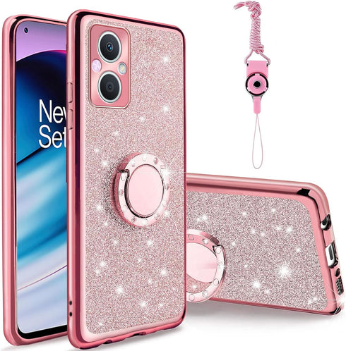 for OnePlus Nord N20 5G Phone Case (EB2103) with Ring Stand Lanyard Strap Cute Glitter Girls Women Protection ShockProof 2-Layer Protective Cover ...