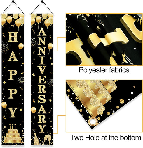 Wedding Anniversary Door Banner - Black Gold Happy Anniversary Sign for Party Decorations, Welcome Porch Outdoor Supplies...