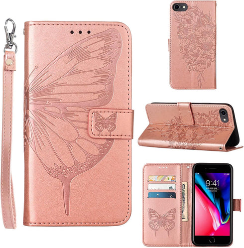 for iPhone SE 2022/SE 2020 Case,for iPhone 6/6S/7/8 Wallet Case,Butterfly Floral Embossed,Wrist Strap,Card Holder Slots,Stand Leather Protective F...