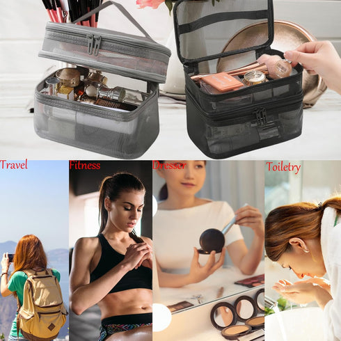 Double Layer Big Makeup Bag Travel Cosmetic Case Makeup Organizer Bag Portable Skin Care Toiletry Bag (beige)...