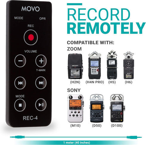 Movo REC-4 Wired Remote Control for Zoom H2n, H4n Pro, H5 and H6 Portable Digital Handy Recorders - Also Compatible with Sony M10, D50, D100...