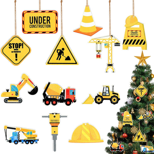 24 Pieces Christmas Ornaments Construction Wood Ornaments with Rope Trucks Hanging Wood Signs Truck Digger Cutouts Traffic Zone Wood Xmas Decorati...