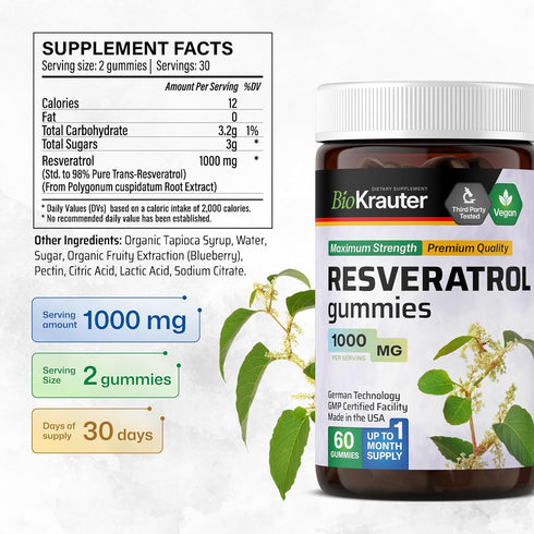Resveratrol Gummies - Potent Resveratrol 1000 mg Organic Supplement - Bioavailable 98% Pure Trans Resveratrol - Antioxidant Support - 60 Vegan Che...