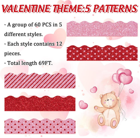 Whaline 69Ft Valentine's Day Glitter Bulletin Board Borders 5 Designs Shine Red Pink Heart Stripe Dot Decoration Trim Bulletin Board Stickers for ...