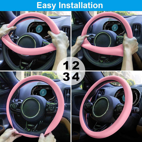 Spurtar Pink Steering Wheel Cover Women Girls, Soft Pink Car Accessories Ultra Thin Silicone Texture Cute Steering Wheel Covers, Fit Diamenter 15"...