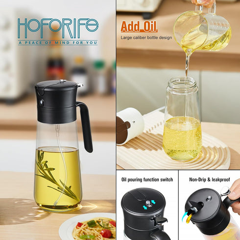 Glass Olive Oil Dispenser Bottle & Oil Sprayer Bottle 2 In 1 for Kitchen Cooking, Auto Flip Cap, 18oz Black...