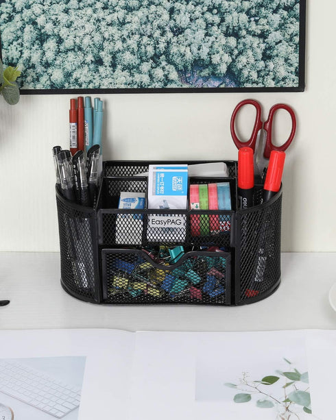 EasyPAG Desk Organizer Mesh Desktop Office Supplies Multi-functional Caddy Pen Holder Stationery with 8 Compartments and 1 Drawer,Black...
