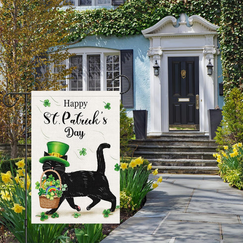 Louise Maelys Welcome St. Patrick's Day Garden Flag 12x18 Double Sided Vertical, Burlap Small Spring Black Cat Yard Flag Banner Shamrock Clover Si...