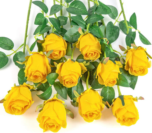 Flojery 10pcs Artificial Rose Flowers Long Stem Fake Silk Roses for DIY Wedding Bouquet Table Centerpiece Home Decor (Yellow)...