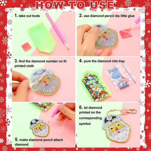 WILLBOND 16 Pieces Christmas Diamond Key Chain Kits Double Sided Diamond Art Keychain Bulk Diamond Christmas Ornament 5D Diamond DIY Painting Key ...