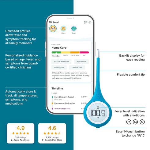 Kinsa Smart,Fever, Digital Medical Baby, Kid and Adult Termometro - Accurate, Fast, FDA Cleared Thermometer for Oral, Armpit or Rectal Temperature...