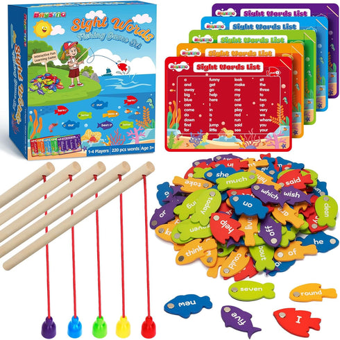 Wooden Magnetic Sight Word Fishing Game for Toddlers, Alphabet Fish Catching Games Puzzle with Letters, Homeschool Sight Word Educational Toy for ...