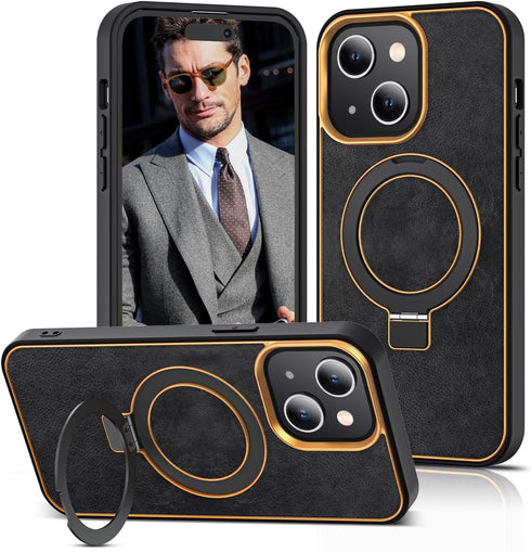 for iPhone 13/14 Case with Magnetic Invisible Ring Stand Leather Business Phone Case Compatible with Magsafe Shockproof Protection Classic Luxury ...