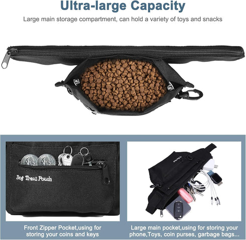 Newest Dog Treat Training Pouch, Dog Food Bag, Dog Treat Bag Magnetic Closure, Pet Training Bag for Puppy Training (Black - with 2 Zip Pockets)...