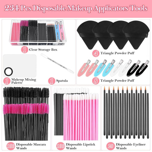 Disposable Makeup Applicators Kit with Triangle Puff Mixing Palette, Artist Supplies Disposable Mascara Wands, Lip Brushes, Hair Clips Powder Puff...