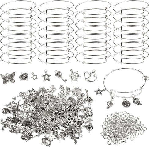 Charm Bracelet Making Kit,UPINS 30Pcs Silver Expandable Blank Bracelets Adjustable Wire Bangles with 100Pcs Tibetan Silver Charms, 200Pcs Open Jum...