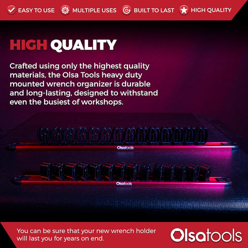 Olsa Tools Wall-Mounted Wrench Rack - Red Anodized Aluminum Rail with Black Clips - Stores 14 SAE or Metric Wrenches Securely - Professional Organ...