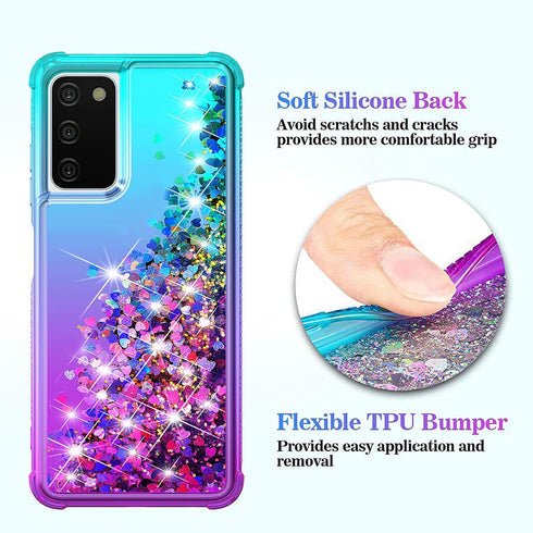 for Galaxy A03S Case,Samsung 03S Case with HD Screen Protector,Gradient Quicksand Glitter Liquid Floating Waterfall Durable Girls Cute Phone Case ...