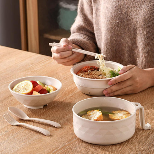 Microwave Ramen Bowl Cooker Set - Wheat Straw Instant Noodles Bowl with Handles, Ramen Noodle Cooker with Spoon Chopsticks Fork, College Dorm Room...