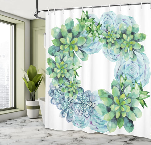 Ambesonne Succulent Shower Curtain, Watercolor Succulent Wreath Circular Design Bridal Wedding Theme, Cloth Fabric Bathroom Decor Set with Hooks, ...