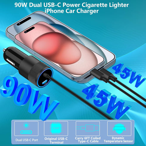 ?MFi Certified? iPhone 15 Fast Car Charger, Rombica 90W Dual PD Power Cigarette Lighter Adapter USB-C Car Charger Fast Charging with 6FT Type-C Ca...