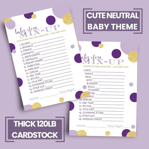 Purple and Gold Baby Shower Games - Word Scramble Game for Girls or Boys - Fun Gender Reveal Activity with Prizes - Prince or Princess Theme - 25 ...