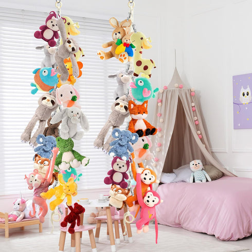 2pcs Stuffed Animal Storage Chain - Boho Stuffed Animal Hammock with 40pcs Metal Clips, Stuff Animal Organizer Hanging Storage for Kids Bedroom Wa...