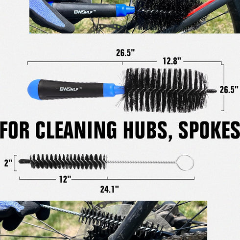Bike Cleaning Kit (6 Pcs) with 1 Storage Bag, 5 Brushes for Tires, Chain, Sprockets, Cranks, Hubs, and Spokes, 1 Cleaning Mitt for Frame, Saddle, ...