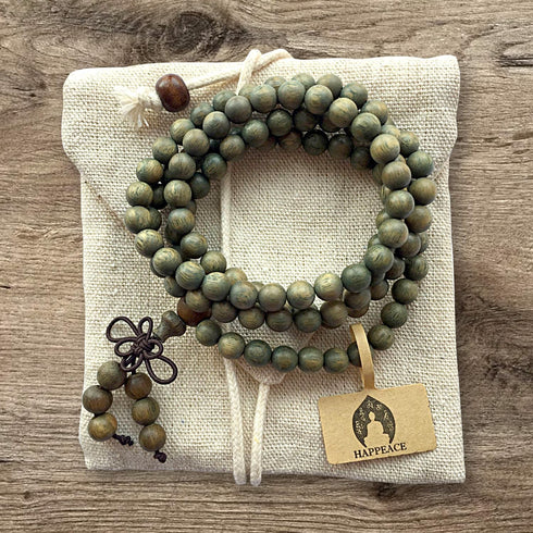 HAPPEACE 6mm Natural Fragrant Green Sandalwood 108 Mala Beads - Tibetan Buddhism Prayer Beads...