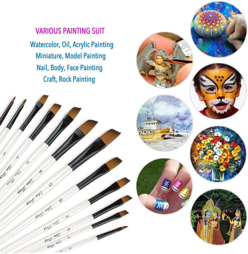Angular Paint Brush, CBTONE 12pcs Nylon Hair Angled Paint Brushes Set Art Paintbrush for Watercolor, Acrylic, Gouache, Oil Painting - White...