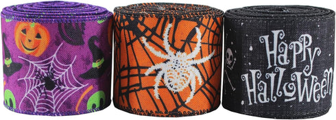 3 Rolls 15 Yards Halloween Ribbon Wired Edge Ribbons 2.5 inchSpider Web Skull Pumpkin Ribbons ?Purple Orange Black Burlap Ribbon ?for Wreath Home ...