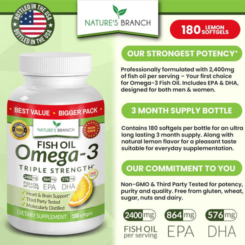 Best Triple Strength Omega 3 Fish Oil Pills - 180 Capsules - 2400mg High Potency Burpless Lemon Flavor 864mg EPA 576mg DHA Ultra Pure Liquid Softg...