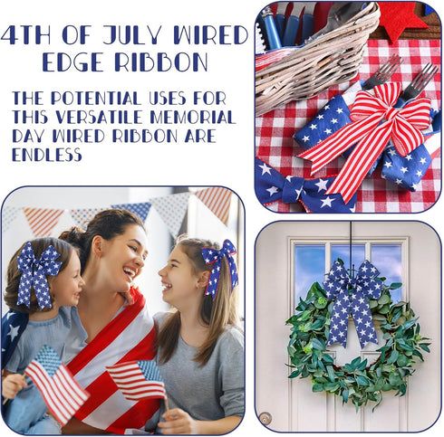 4 Rolls 4th of July Wired Ribbon 20 Yard Red White Blue Decorative Ribbon Patriotic Stars Stripes Edge Ribbons for Independence Day Bows DIY Wreat...