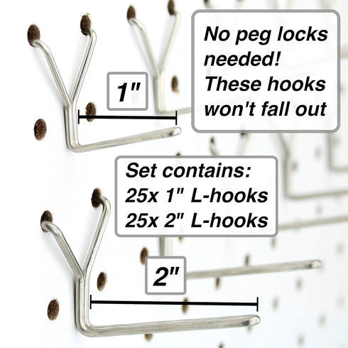 Pegboard Hooks 50-Pack 1" + 2” L Hook - Zinc Plated - Will Not Fall Out - Fits Any Peg Board - Organize Tools, Accessories, Workbench, Garage Stor...