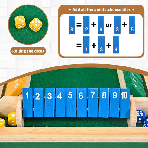 1-4 Players Shut The Box Dice Game, 10 Numbers Traditional Wooden Pub Bar Board Family Table Mat Game Dice for Kids and Adults...