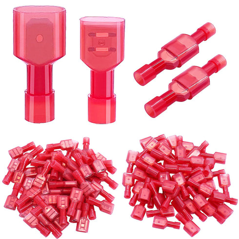 Twidec/100PCS Nylon Spade Connectors Kit 22-18 Gauge Quick Disconnect Fully Insulated Male and Female Wire Spade Terminal Assortment Kit Red N-025...