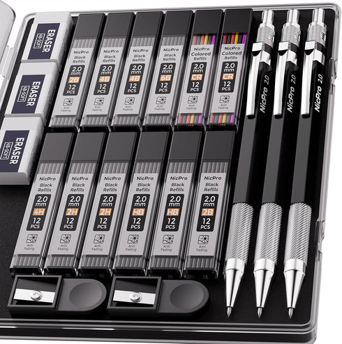 Nicpro 2mm Metal Mechanical Pencil Set with Case, 3PCS Lead Pencil Holder 2.0 mm with 144PCS Lead Refills (4H 2H HB 2B 4B 6B Color), Eraser, Sharp...