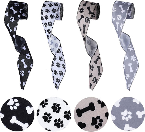 4 Rolls 26.4 Yard Paw Print Ribbon Dog Bone Wired Edge Ribbon Craft Wired Ribbon DIY Wrapping Ribbon for Halloween Christmas Handicraft Decor Part...