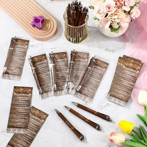 18 Sets Rustic Bridal Shower Wedding Favors Bulk Bamboo Pens with Thank You Retro Bookmarks Ballpoint Pen Happily Ever After Guest Book Pens for W...