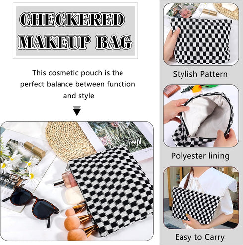 Checkered Makeup Bag for Women Large Capacity Black Travel Cosmetic Bag Set Makeup Pouch for Purse Zipper Toiletry Organizer Cute Y2K Aesthetic Tr...