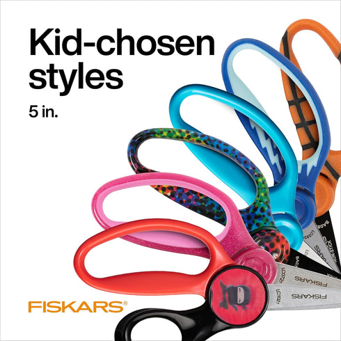 Fiskars 5" Pointed-Tip Scissors for Kids 4-7, For School or Crafting, 3 Pack: Blue, Floral, Pink...